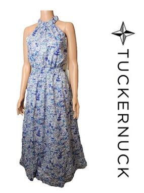 Tuckernuck Hyacinth House Blue Floral High Neck Heidi Midi Dress - Size Small